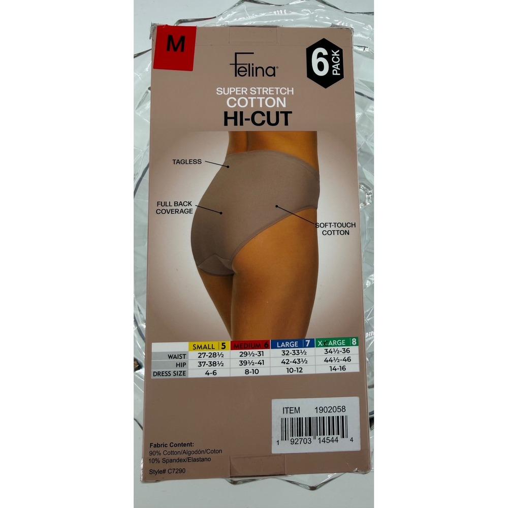 Felina Super Stretch Cotton Hi-Cut Panties 6 Pack Multi Color 7290 Womens Medium